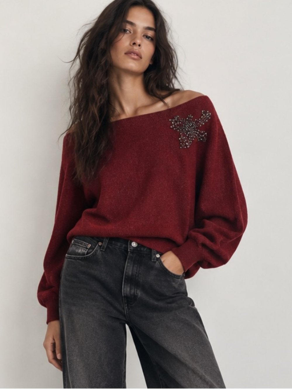 Zara NWT asymmetric rhinestone knit jumper sweater burgundy 3920/849